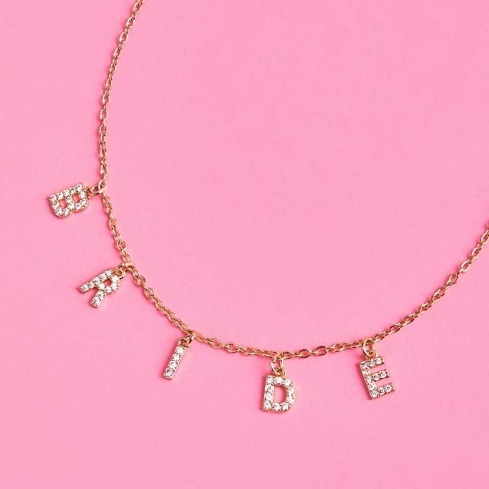 Bride Pave Necklace, 14" Choker, Gold Charm Letter Cubic Zirconia Jewelry | Bach